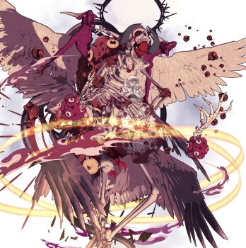 1girl black_boots black_eyes blonde_hair blood blood_drop blood_on_clothes bloody_clothes bloody_dress bloody_tears bone boots closed_eyes colored_sclera commentary crown crown_of_thorns curled_horns demon_horns dress edoya_inuhachi elbow_gloves eldritch_abomination extra_eyes feathered_wings floating floating_blood floating_crown gloves goat guimpe height_difference highres horns interlocked_fingers juliet_sleeves long_dress long_sleeves marble_(stone) marble_sculpture monster multiple_heads multiple_wings nun open_mouth original own_hands_clasped own_hands_together praying puffy_sleeves skull smile statue teeth thorns traditional_nun veil white_background white_dress white_gloves white_veil white_wings wimple wings yellow_sclera