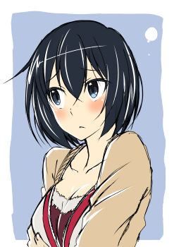 1girl absurdres bad_id bad_pixiv_id black_hair blue_eyes blush breast_suppress breasts cleavage collarbone female_focus hair_between_eyes highres joukamachi_no_dandelion kawauso_(horoyoi48) long_sleeves open_mouth raised_eyebrows sakurada_kanade short_hair simple_background sketch solo tsurime upper_body