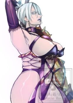 Rule 34 | 1girl, arm up, breasts, cowboy shot, gauntlets, grey hair, isabella valentine, large breasts, navel, purple lips, revealing clothes, rosie rosie, shoulder spikes, simple background, solo, soul calibur, spikes, white background
