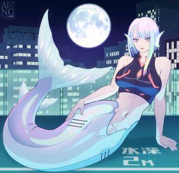 1girl absurdres breasts building cityscape closed_mouth commentary commission cyberpunk:_edgerunners cyberpunk_(series) english_commentary eyeliner fins head_fins highres kiria021 large_breasts looking_at_viewer lucy_(cyberpunk) makeup mermaid mixed-language_commentary monster_girl monsterification multicolored_hair navel night outdoors pixiv_commission red_eyeliner short_hair smile solo stomach