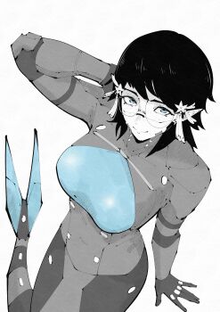 1girl absurdres arm_behind_head arm_support blue_eyes breasts closed_mouth commentary commission english_commentary fins freckles from_above glasses greyscale hair_ornament highres jacket large_breasts looking_at_viewer mermaid miregeist monochrome monster_girl original short_hair simple_background smile solo spot_color swept_bangs white_background