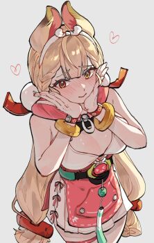 1girl alice_thymefield alice_thymefield_(sea_of_thyme) animal_ears apron bangle bare_shoulders belt blonde_hair blush bracelet breasts cleavage commentary_request cowboy_shot dalsan110 dress embarrassed full-face_blush grey_background hair_bobbles hair_ornament hairband hands_on_own_cheeks hands_on_own_face heart heterochromia highres jewelry korean_commentary long_hair low_twintails medium_breasts official_alternate_costume one-piece_swimsuit orange_eyes rabbit_ears rabbit_girl raised_eyebrows short_dress simple_background solo standing swimsuit thigh_strap twintails upper_body waist_apron white_one-piece_swimsuit wristband yellow_eyes zenless_zone_zero