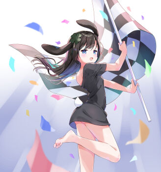 Rule 34 | 1girl, :o, absurdres, amimi, animal ears, ass, bare legs, barefoot, black dress, black hair, blue background, blue eyes, blue hair, blurry, blurry background, blurry foreground, checkered flag, clover, clover hair ornament, colored inner hair, commentary, commission, confetti, depth of field, dot nose, double-parted bangs, dress, english commentary, flag, floppy ears, foot out of frame, four-leaf clover, from behind, gradient background, hair ornament, highres, holding, holding flag, indie virtual youtuber, kiyomi pyon-pyon, leg up, legs folded, long hair, looking at viewer, looking back, lop rabbit ears, microdress, multicolored hair, open mouth, rabbit ears, rabbit girl, rabbit tail, race flag, second-party source, short sleeves, single off shoulder, skeb commission, soles, solo, tail, two-tone background, two-tone hair, white background, white tail