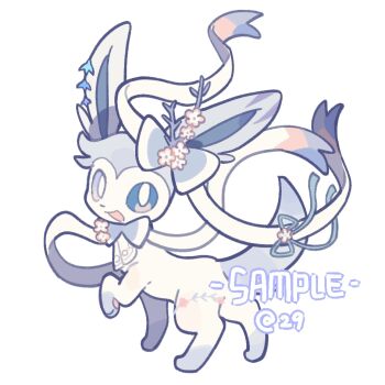 Rule 34 | alternate color, alternate shiny pokemon, animal focus, bow, chinese commentary, commentary request, commission, erjiusanshi, flower, gen 6 pokemon, heterochromia, looking at viewer, nintendo, no humans, original, pink flower, pokemon, pokemon (creature), pokemon focus, ribbon, sample watermark, simple background, sylveon, watermark, white background