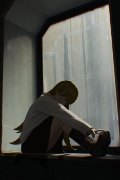 1girl absurdres backlighting black_skirt blonde_hair boots brown_boots chromatic_aberration closed_mouth commentary day expressionless fingernails flipped_hair from_side full_body hair_between_eyes hair_flaps hand_on_own_foot hand_on_own_shoulder hand_up highres jitome knees_to_chest knees_up legs_together long_hair long_sleeves looking_at_viewer monogatari_(series) nemo_ringo on_windowsill oshino_shinobu outstretched_legs shade sitting skirt solo sweater symbol-only_commentary very_long_hair white_sweater window yellow_eyes