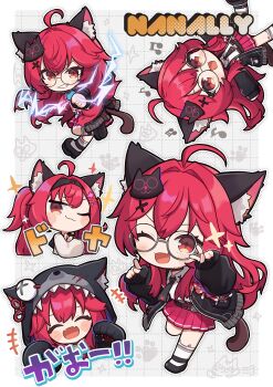 +++ 1girl :d ;3 ^_^ ahoge animal_ear_fluff animal_ear_legwear animal_ears animal_hands beamed_eighth_notes beamed_sixteenth_notes black_jacket black_necktie black_shoes blush_stickers cat_ears cat_girl cat_tail character_name chibi closed_eyes collared_shirt commentary_request dotted_line eighth_note electricity electrokinesis fake_animal_ears fangs glasses gloves grey_background grid_background grin hair_intakes hair_ornament hairclip highres jacket long_hair long_sleeves multiple_views musical_note nanally_(nte) necktie neverness_to_everness one_eye_closed open_mouth paw_gloves pleated_skirt puffy_long_sleeves puffy_sleeves purple_skirt red_eyes red_hair round_eyewear shirt shoes skirt smile smug socks sparkle tail totatokeke very_long_hair white_shirt white_socks wolf_ears wolf_hood x_hair_ornament