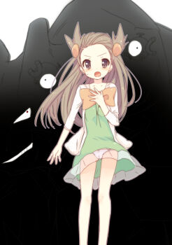00s 1girl :o brown_eyes brown_hair cameltoe dress gen_1_pokemon gen_2_pokemon grin gym_leader hair_ornament jasmine_(pokemon) long_hair magnemite nakamura_sandayo nintendo panties pantyshot pokemon pokemon_(creature) pokemon_hgss print_panties ribbon smile steelix two_side_up underwear wind wind_lift