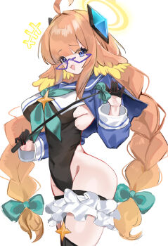 1girl absurdres ass black_gloves black_leotard blue_archive blue_shrug bow braid braided_twintails covered_navel fang feather_hair frills glasses gloves hair_bow hair_ornament half_gloves halo highleg highleg_leotard highres holding holding_riding_crop leotard long_hair looking_at_viewer low_twin_braids luoluo233 neckerchief official_alternate_costume orange_hair pink_neckerchief riding_crop shimiko_(blue_archive) shimiko_(magical)_(blue_archive) shrug_(clothing) skin_fang smile solo triangle_mouth twin_braids white_background yellow_halo