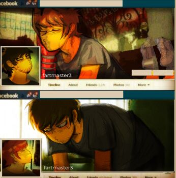 2boys artist_name beard_stubble black_shirt blush brown_hair burn_scar closed_eyes commentary derivative_work edd_(eddsworld) eddsworld english_commentary english_text facebook facebook_profile_kiss_(meme) facial_hair fartmaster3 future_edd_(eddsworld) highres imminent_kiss indoors looking_to_the_side lying male_focus mature_male mechanical_arms meme multiple_boys o3o on_stomach parody photo_background puckered_lips red_leader_(eddsworld) scar shirt short_hair short_sleeves single_mechanical_arm social_network stubble sweatdrop swept_bangs the_pose tord_(eddsworld) yaoi