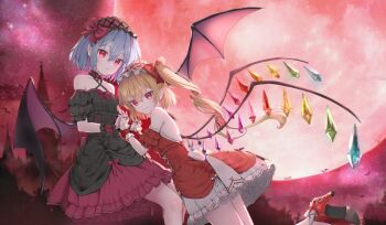 2girls backless_dress backless_outfit bat_(animal) bat_wings black_dress blonde_hair blue_hair crystal_wings dress flandre_scarlet full_moon highres huge_moon interlocked_fingers looking_at_viewer moon multiple_girls night off-shoulder_dress off_shoulder one_side_up parted_lips red_dress red_eyes red_moon red_sky remilia_scarlet scarlet_devil_mansion shironeko_yuuki siblings sisters sky smile star_(sky) starry_sky touhou wings
