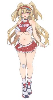 Rule 34 | 1girl, absurdres, aochoku, belt, blonde hair, breasts, cheerleader, clay (nikke), crop top, earrings, fang, full body, gauze, gauze on knee, goddess of victory: nikke, hair ornament, hairclip, hat, highres, jewelry, large breasts, long hair, looking at viewer, miniskirt, open mouth, panties, pink eyes, pleated skirt, red hat, red skirt, shoes, side-tie panties, simple background, skirt, sleeveless, sneakers, socks, solo, standing, stomach, sweat, two side up, underboob, underwear, visor cap, whistle, whistle around neck, white background, white panties, white socks