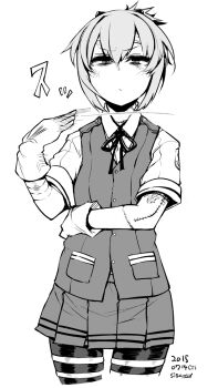 Rule 34 | 1girl, bandaged arm, bandaged head, bandages, bike shorts, bike shorts under skirt, closed mouth, collared shirt, dated, dated commentary, gloves, greyscale, hair between eyes, injury, kantai collection, looking at viewer, monochrome, neck ribbon, pleated skirt, ponytail, ribbon, shiranui (kancolle), shirt, short sleeves, sigama, simple background, skirt, slit throat (gesture), solo, stitched arm, stitches, vest