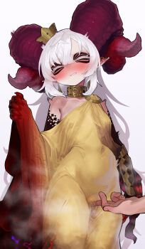 1boy 1girl absurdres bare_shoulders black_skin breasts closed_eyes colored_skin commentary_request covered_navel crown curled_horns demon_girl dress ekrea_jan facial_mark fingering fingering_through_clothes fingernails gold_collar gold_dress highres horns large_horns long_hair maou-chan_(ekrea_jan) original pointy_ears pussy_juice sharp_fingernails small_breasts solo_focus steaming_body stola through_clothes very_long_hair