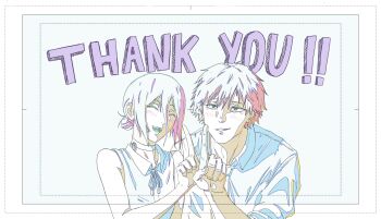 Rule 34 | 1boy, 1girl, blush, choker, collared shirt, commentary, commentary request, couple, denji (chainsaw man), dress shirt, facing viewer, grenade pin, hair between eyes, hair bun, highres, looking at viewer, medium hair, neck ribbon, necktie, open mouth, pointing, pointing up, reze (chainsaw man), ribbon, shirt, short hair, simple background, sleeveless, sleeveless shirt, sleeves rolled up, smile, teeth, white shirt