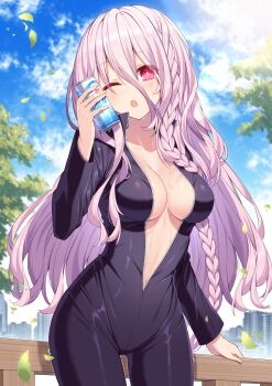 1girl ;o biker_clothes bikesuit blue_sky blush bodysuit braid breasts building can center_opening character_request check_character cloud cloudy_sky collarbone commission date_a_live date_a_live:_rinne_utopia day falling_leaves fence hair_between_eyes hand_up highres holding holding_can leaf long_hair long_sleeves looking_at_viewer medium_breasts one_eye_closed outdoors parted_lips pink_hair pixiv_commission red_eyes single_braid sky solo sonogami_rinne sweat t@ke-g very_long_hair