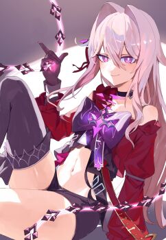 1girl asymmetrical_clothes asymmetrical_coat black_choker black_gloves black_shorts boots bow bright_pupils choker coat commentary_request feet_out_of_frame gloves hair_between_eyes hair_intakes hand_up highres honkai_(series) honkai_impact_3rd large_bow long_hair looking_at_viewer navel purple_bow purple_eyes red_coat roena shorts single_bare_shoulder single_thigh_boot sitting smile solo stomach thelema_nutriscu thelema_nutriscu_(mad_pleasure:_shadowbringer) thigh_boots white_hair white_pupils
