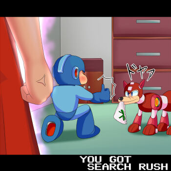 1boy 1girl anger_vein blue_eyes capcom dress grin head_out_of_frame helmet indoors mega_man_(character) mega_man_(classic) mega_man_(series) mega_man_7 non-humanoid_robot panties red_dress robot robot_animal robot_dog robot_ears robot_girl roll_(mega_man) rush_(mega_man) smile thumbs_up underwear white_panties