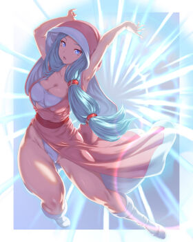 1girl aliorumnas aqua_eyes aqua_hair boots bra breasts castlevania:_symphony_of_the_night castlevania_(series) commentary_request dress highres kous_(onetwojustice) long_hair looking_at_viewer medium_breasts panties pantyshot pink_dress pink_hood solo thighs underwear very_long_hair white_boots white_bra white_panties witch