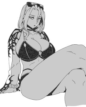 1girl bikini bracelet breasts carmilla_(fate) carmilla_(swimsuit_rider)_(third_ascension)_(fate) choker cleavage commentary_request crossed_legs eyewear_on_head fate/grand_order fate_(series) forehead greyscale jewelry korean_commentary large_breasts long_hair long_sleeves looking_at_viewer minew monochrome parted_bangs see-through_clothes sitting solo sunglasses swimsuit thighs