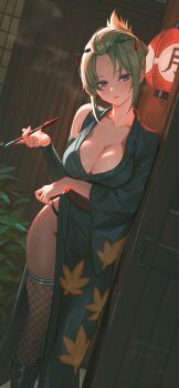 1girl absurdres breasts cleavage commentary_request commission facial_scar fishnet_thighhighs fishnets gintama green_hair green_kimono highres holding holding_smoking_pipe japanese_clothes kimono large_breasts leaf_print looking_at_viewer parted_lips pixiv_commission purple_eyes qingli_ye scar scar_on_cheek scar_on_face scar_on_forehead short_hair smoking_pipe solo thighhighs tsukuyo_(gintama)