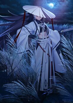 1girl black_gloves black_hair blue_theme breasts closed_mouth cloud covered_eyes fate/grand_order fate_(series) full_body game_cg gloves hand_up hat holding holding_sword holding_weapon japanese_clothes katana kawakami_gensai_(fate) kawakami_gensai_(third_ascension)_(fate) long_hair looking_at_viewer medium_breasts midriff multicolored_hair night official_art outdoors ponytail sandals solo standing streaked_hair sword takeuchi_takashi third-party_source two-tone_hair weapon white_hat