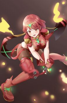 Rule 34 | 1girl, absurdres, amayo thranana, backless outfit, bent over, black eyes, black gloves, bob cut, breasts, chest jewel, colored skin, commentary request, core crystal (xenoblade), earrings, fingerless gloves, fire, floating earrings, gloves, highres, impossible clothes, jewelry, large breasts, leaf, nintendo, no mouth, pantyhose, pantyhose under shorts, pikmin (creature), pikmin (series), pointy nose, pyra (xenoblade), red eyes, red hair, red pikmin, red shorts, red skin, short hair, short sleeves, shorts, squatting, super smash bros., suspenders, swept bangs, thighhighs, thighhighs over pantyhose, tiara, v-shaped eyebrows, xenoblade chronicles (series), xenoblade chronicles 2