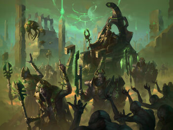 6+boys absurdres alexeykruglov alien arm_up crown highres holding holding_polearm holding_weapon index_finger_raised magic multiple_boys necron pointing pointing_up polearm ruins sitting throne warhammer_40k weapon