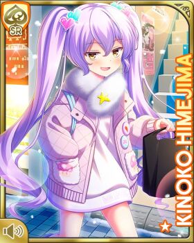 Rule 34 | 1girl, :d, boots, card (medium), character name, christmas, girlfriend (kari), hair ornament, heart, heart hair ornament, himejima kinoko, jacket, long hair, long sleeves, night, official art, open mouth, outdoors, pink jacket, purple hair, qp:flapper, shoes, smile, snowing, solo, standing, sweater, tagme, twintails, very long hair, white sweater, winter clothes, yellow eyes