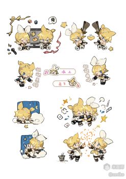 1boy 1girl :d ;) absurdres black_shorts blonde_hair blue_eyes blush_stickers brother_and_sister bucket chibi chibi_only closed_eyes closed_mouth double-parted_bangs fireworks full_body hair_between_eyes hair_ribbon heart highres kagamine_len kagamine_rin mihuashi_username multiple_views necktie one_eye_closed open_mouth ribbon shirt shoes short_hair short_sleeves shorts siblings simple_background smile standing star_(symbol) twins vocaloid white_background white_ribbon white_shirt white_shoes yellow_necktie zeriko