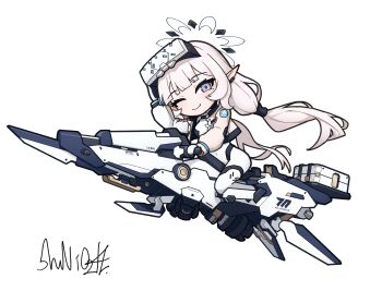 1girl ;) absurdres arm_up blue_archive bodysuit breasts brown_jacket chibi closed_mouth commentary_request covered_navel ear_piercing full_body grey_hair halo highres himari_(armed)_(blue_archive) himari_(blue_archive) jacket long_hair long_sleeves looking_at_viewer low_twintails one_eye_closed open_clothes open_jacket piercing pointy_ears puffy_long_sleeves puffy_sleeves shuni_valentine signature simple_background small_breasts smile solo twintails very_long_hair white_background white_bodysuit