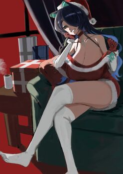 1girl animal_ears black_hair blue_eyes blue_hair breasts dress erina_makina gogibahp hat huge_breasts mistletoe phase_connect santa_costume santa_dress santa_hat thighhighs tiger_ears virtual_youtuber