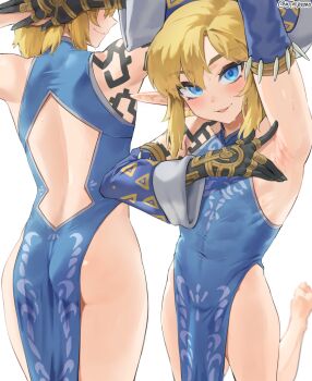 1boy arm_up armpit_crease armpits artist_name ass back_cutout bare_shoulders barefoot black_nails black_skin blue_eyes closed_mouth clothing_cutout colored_skin covered_navel crossdressing crossdressing_(mtf) facing_to_the_side from_behind highres jtveemo link looking_at_viewer male_focus multiple_views nintendo pointy_ears presenting_armpit shiny_skin shoulder_tattoo simple_background smile spread_armpit tattoo the_legend_of_zelda the_legend_of_zelda:_tears_of_the_kingdom trap white_background