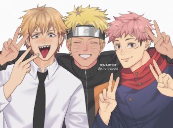 3boys arm_around_shoulder artist_name black_headband black_jacket blonde_hair brown_eyes chainsaw_man closed_eyes closed_mouth collared_shirt denji_(chainsaw_man) double_v facial_mark grin headband highres itadori_yuuji jacket jujutsu_kaisen jujutsu_tech_uniform male_focus multicolored_jacket multiple_boys naruto_(series) open_mouth orange_jacket pink_hair sharp_teeth shirt short_hair smile spiked_hair teeth tenartistt tongue tongue_out two-tone_jacket upper_body uzumaki_naruto v whisker_markings white_background white_shirt