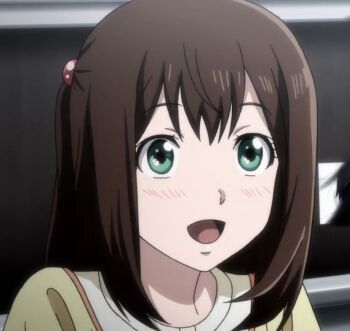 big_order blush brown_hair facing_viewer green_eyes hair_bobbles hair_ornament hoshimiya_sena long_hair low_twintails non-web_source open_mouth portrait shirt smile twintails yellow_shirt