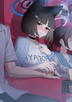 Rule 34 | 1boy, 2girls, absurdres, alternate costume, animal ears, black choker, black eyes, black hair, black nails, blue archive, blue halo, blue haori, blue sailor collar, blue scrunchie, blush, brown hair, casual, cat ears, cat girl, choker, closed mouth, commentary request, faceless, faceless female, halo, haori, heart, heart-shaped pupils, highres, imminent hand holding, japanese clothes, kikyou (blue archive), long hair, looking at another, movie theater, multiple girls, parted bangs, pizza (pizzania company), ponytail, sailor collar, scrunchie, shirt, short hair, short sleeves, sidelocks, sitting, sweatdrop, symbol-shaped pupils, white shirt, wrist scrunchie, yellow halo