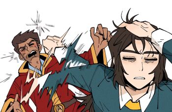 2boys abaddon_(haunted_hotel) brown_hair closed_eyes commentary_request dark-skinned_male dark_skin hand_in_own_hair haunted_hotel insidej043 korean_commentary long_hair male_focus meme multiple_boys naoya_hitting_choso_without_looking_(meme) parted_lips rapid_punches red_robe robe simple_background todd_(haunted_hotel) upper_body white_background