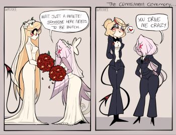 2girls alxxbee arms_behind_back artist_name black_suit black_vs_white blonde_hair blush bouquet bow bowtie bridal_veil bride charlie_morningstar circle_facial_mark colored_sclera colored_skin crossdressing crossdressing_(ftm) demon_girl demon_tail dress dress_pants english_text female_focus flower formal_clothes grey_skin groom hair_over_one_eye hands_on_own_hips hazbin_hotel heart hellaverse highres holding holding_bouquet long_hair meme multiple_girls red_eyes see-through_clothes see-through_veil simple_background smile someone_here_needs_to_be_butch_(meme) spoken_heart suit tail traditional_bowtie tuxedo vaggie veil very_long_hair wedding_dress white_skin wife_and_wife yellow_sclera yuri