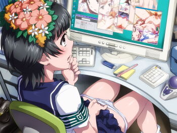 1girl armband black_eyes black_hair blue_skirt blush bra bra_lift chair clothed_masturbation clothes_lift computer computer_keyboard cum cum_on_body female_masturbation fingering flower green_armband lifting_own_clothes looking_ahead masturbation microsoft_windows monitor notepad on_chair open_mouth panties panty_pull pen penis pleated_skirt pornography pulling_own_clothes pussy sailor_collar sakugawa_school_uniform sameha_ikuya school_uniform serafuku sex shirt short_hair short_sleeves sitting skirt skirt_lift swivel_chair toaru_kagaku_no_railgun toaru_majutsu_no_index uiharu_kazari underwear viewing_pornography white_panties white_shirt windows_95 windows_classic