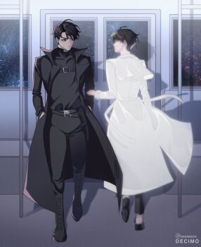 2boys black_coat black_eyes black_hair blurry censored censored_identity coat frown full_body hands_in_pockets highres kim_dokja looking_at_another male_focus multiple_boys nadardoh omniscient_reader&#039;s_viewpoint open_clothes open_coat popped_collar shadow short_hair sky space star_(sky) starry_sky train_interior walking white_coat yoo_joonghyuk