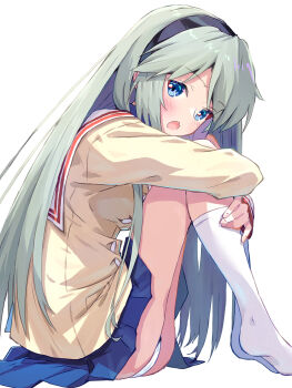 1girl :o akayama_yukihe black_hairband blazer blue_eyes blue_skirt blush buttons clannad commentary fang from_side full_body grey_hair hair_between_eyes hairband highres hikarizaka_private_high_school_uniform hugging_own_legs jacket kneehighs knees_up leaning_forward long_hair long_sleeves looking_at_viewer miniskirt no_shoes open_mouth panties pleated_skirt sailor_collar sakagami_tomoyo school_uniform serafuku sidelocks simple_background sitting skin_fang skirt socks soles solo straight_hair underwear very_long_hair white_background white_panties white_sailor_collar white_socks yellow_jacket