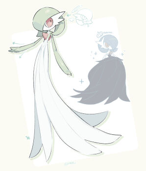 2girls alternate_color arm_at_side arrow_(symbol) artist_name black_dress black_gloves blue_hair bob_cut closed_mouth colored_skin detached_wings drawn_crown dress drop_shadow elbow_gloves english_text female_focus flat_chest full_body gardevoir gen_3_pokemon gloves green_hair green_skin hair_over_one_eye halo hand_up hands_up happy long_dress looking_afar looking_to_the_side mega_gardevoir mega_pokemon mini_wings multicolored_skin multiple_girls multiple_views nintendo one_eye_covered orange_eyes outline own_hands_together pokemon pokemon_(creature) red_eyes shiny_pokemon short_hair signature slit_pupils smile sok_(mr14_c) sparkle standing strapless strapless_dress tall twitter_username two-tone_skin white_background white_outline white_skin wings