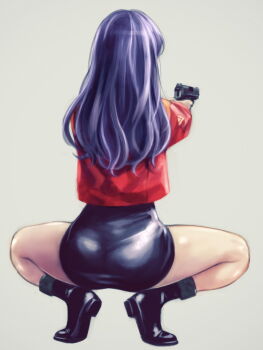 1girl aiming ass boots facing_away full_body goddess_of_victory:_nikke gun handgun highres holding holding_gun holding_weapon jacket katsuragi_misato long_hair miniskirt neon_genesis_evangelion purple_hair skirt solo squatting takano_masayuki weapon