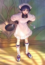 Rule 34 | 1boy, alternate costume, apollo hotori, apron, armor, black hair, blue eyes, commentary request, frying pan, full body, genshin impact, hands on own hips, head scarf, holding, holding frying pan, holding ladle, japanese armor, japanese clothes, kappougi, kote, kurokote, ladle, looking at viewer, male focus, open mouth, scaramouche (genshin impact), solo, standing, wanderer (genshin impact), white apron
