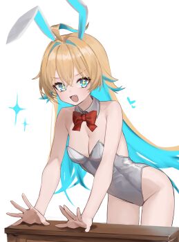 1girl absurdres ahoge animal_ears aqua_eyes blonde_hair bow bowtie breasts cleavage commentary crossed_bangs detached_collar fake_animal_ears fang hair_between_eyes highres leaning_forward leotard long_hair looking_at_viewer open_mouth playboy_bunny rabbit_ears ralmia_(shadowverse) red_bow red_bowtie ritaiya shadowverse solo star-shaped_pupils star_(symbol) strapless strapless_leotard symbol-shaped_pupils white_leotard
