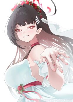 1girl black_hair black_halo blue_archive breasts bridal_veil bright_pupils dress fingernails flower hair_ornament hairclip halo head_wreath jewelry large_breasts long_hair looking_at_viewer multicolored_halo red_eyes red_flower red_halo ring rio_(blue_archive) rosumini simple_background two-tone_halo veil wedding_dress wedding_ring white_background white_dress white_pupils