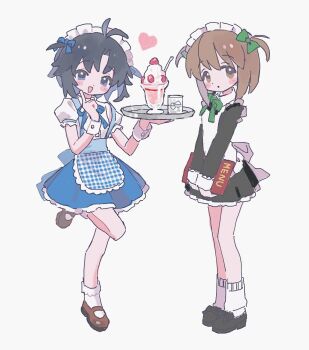 2girls alternate_costume antenna_hair apron black_dress black_hair black_shoes blue_eyes blue_ribbon blue_skirt blunt_bangs blush_stickers bob_cut bow brown_eyes brown_hair brown_shoes closed_mouth cup dot_nose dress dress_shirt drinking_glass enmaided expressionless food foot_up fruit green_bow hagiwara_yukiho hair_bow hair_ribbon heart high-waist_skirt highres holding holding_menu holding_tray ice ice_cube idolmaster idolmaster_(classic) idolmaster_million_live! idolmaster_million_live!_theater_days inverted_bob kikuchi_makoto lace-trimmed_socks looking_at_viewer maid maid_apron maid_headdress mary_janes menu messy_hair mill_gyu multiple_girls multiple_hair_bows neck_ribbon open_mouth parfait parted_bangs plaid_apron plaid_clothes puffy_short_sleeves puffy_sleeves ribbon shirt shoes short_hair short_sleeves short_twintails skirt smile socks strawberry suspender_skirt suspenders tray twintails water white_background white_shirt white_socks
