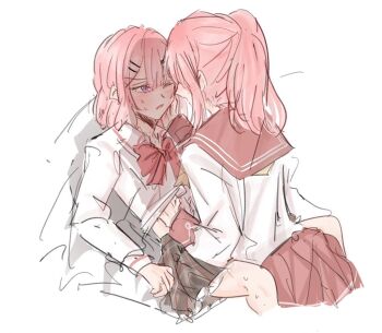 2girls amaori_haruna amaori_renako ashigaya_high_school_uniform between_legs blush bow bowtie collared_shirt commentary fen_(sef_fen) grey_skirt hand_on_another&#039;s_face hand_under_clothes hand_under_shirt hashtag-only_commentary incest long_hair medium_hair multiple_girls one_eye_closed parted_lips pink_bow pink_bowtie pink_hair pink_skirt plaid_clothes plaid_skirt pleated_skirt ponytail purple_eyes school_uniform shirt siblings sisters skirt watashi_ga_koibito_ni_nareru_wake_naijan_murimuri! white_shirt yuri