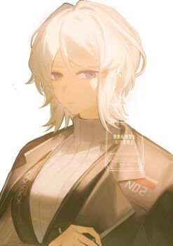 1girl adjusting_clothes artist_name black_coat black_jacket blue_eyes coat english_text expressionless faust_(project_moon) flying_sweatdrops grey_sweater hair_between_eyes hair_intakes highres jacket lapels limbus_company looking_at_viewer medium_hair notched_lapels open_clothes open_coat project_moon sin_82 solo sweater translated turtleneck turtleneck_sweater watermark white_hair