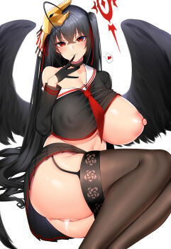 Rule 34 | 1girl, absurdres, azur lane, black garter straps, black hair, black thighhighs, black wings, blue archive, breasts, chixiao, choker, clothes lift, clothes pull, clothing cutout, collar, cosplay, garter straps, gloves, hair ornament, hasumi (blue archive), hasumi (blue archive) (cosplay), highres, huge breasts, large breasts, long hair, looking at viewer, lying, navel, navel cutout, nipples, off shoulder, on side, pussy, pussy juice, pussy juice trail, red eyes, sailor collar, school uniform, seductive smile, serafuku, shirt lift, shirt pull, simple background, skindentation, skirt, smile, solo, taihou (azur lane), thighhighs, thighs, torogao, twintails, white background, wings