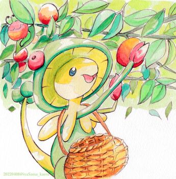 Rule 34 | 2others, absurdres, applin, artist name, black eyes, branch, breloom, commentary request, dated, falling leaves, foliage, food, fruit, gen 3 pokemon, gen 8 pokemon, highres, ivasama kaeru, leaf, multiple others, nintendo, no humans, open mouth, pokemon, pokemon (creature), reaching, wicker basket